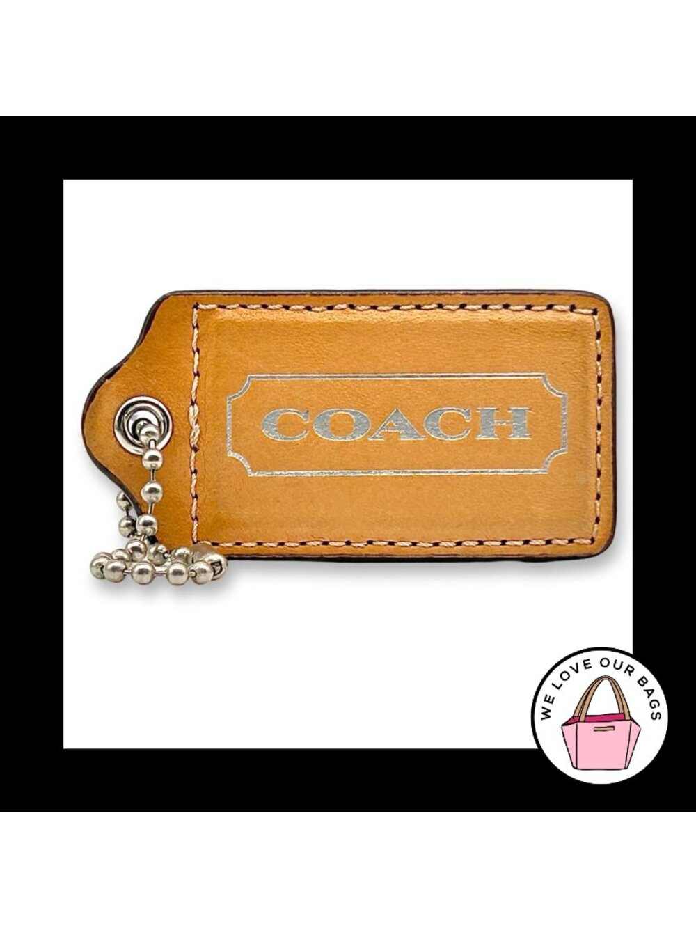 COACH HANG TAG 3" Bag Charm Keychain Fob Light Saddle Brown Leather Nickel XL